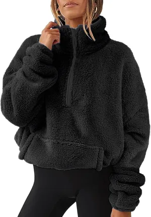 1/4 Zip Sherpa Pullover Womens Fuzzy Fleece Half Zip Pullover Oversized Zip Up Hoodie Quarter Zip Cropped Sweatshirt
