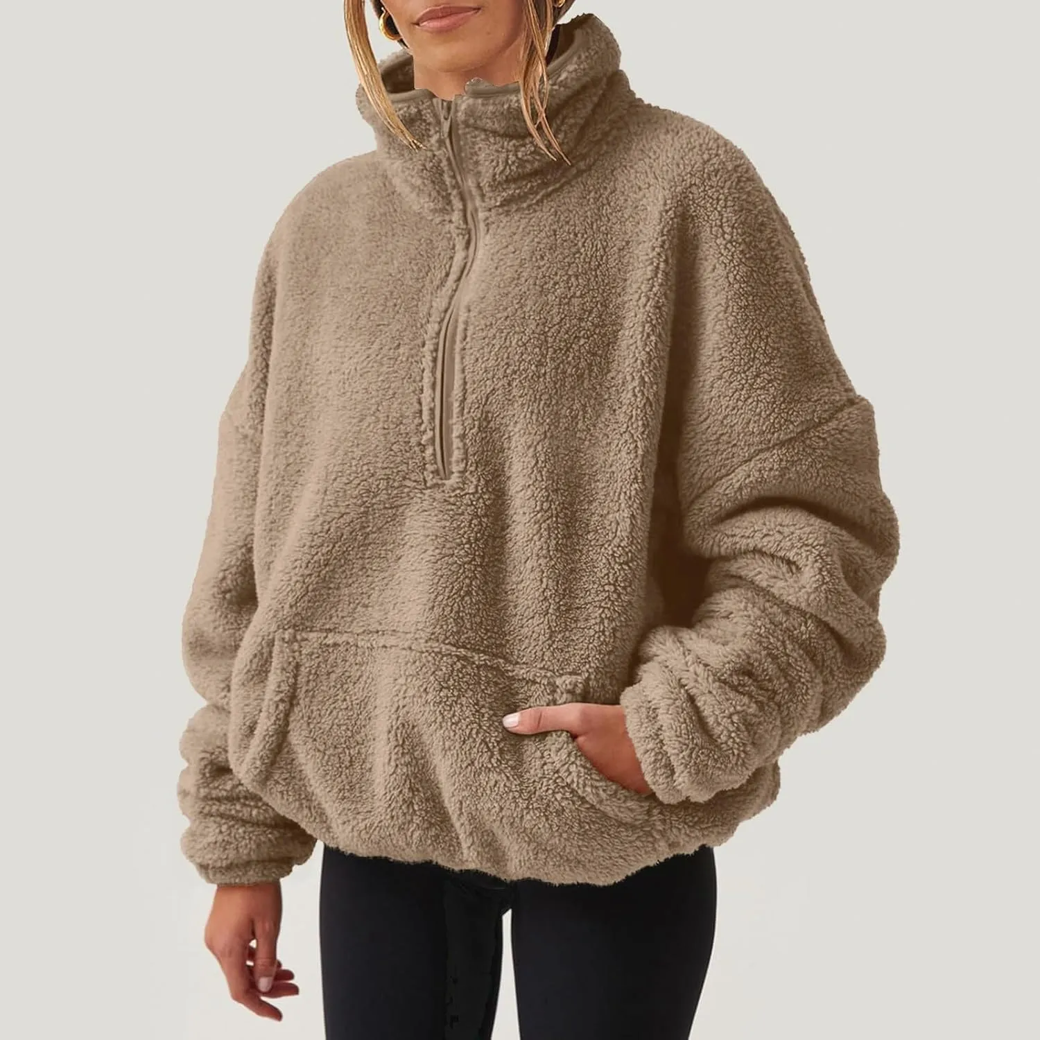 1/4 Zip Sherpa Pullover Womens Fuzzy Fleece Half Zip Pullover Oversized Zip Up Hoodie Quarter Zip Cropped Sweatshirt