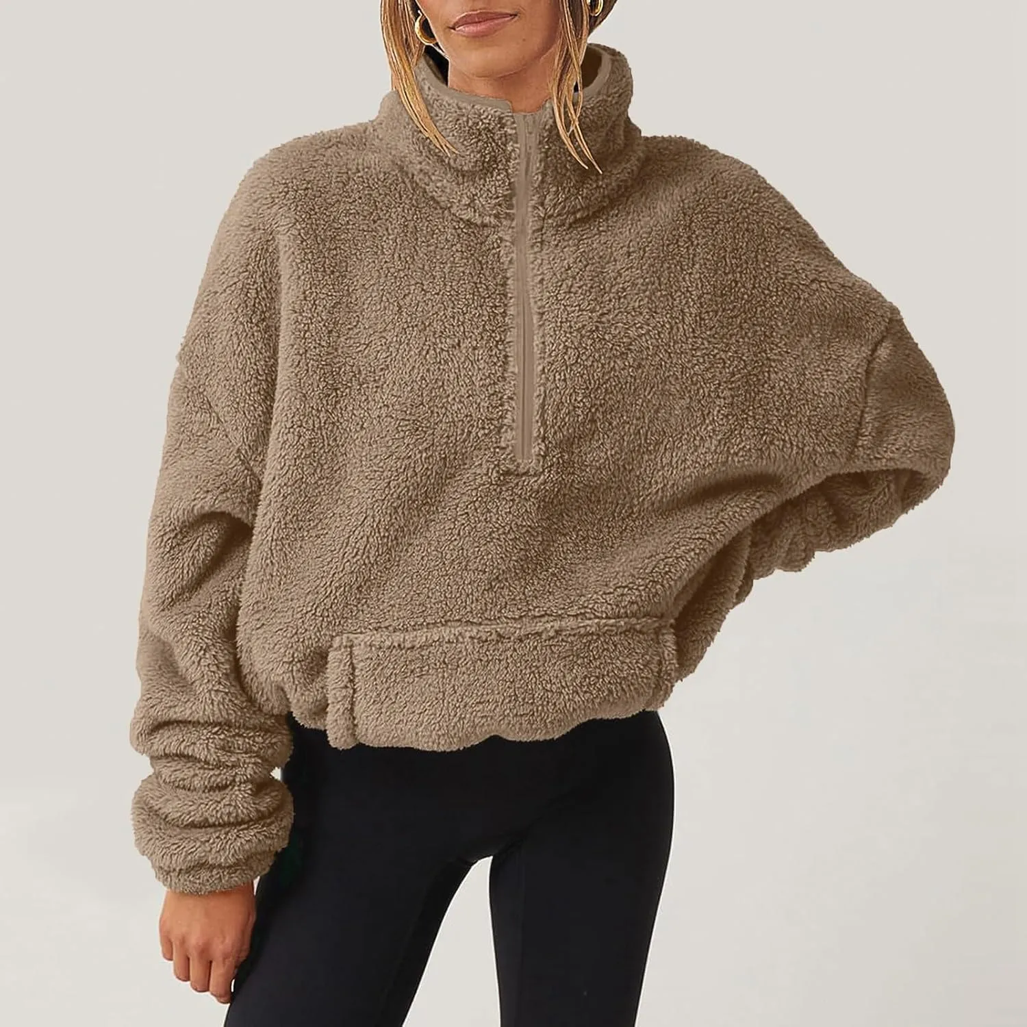 1/4 Zip Sherpa Pullover Womens Fuzzy Fleece Half Zip Pullover Oversized Zip Up Hoodie Quarter Zip Cropped Sweatshirt