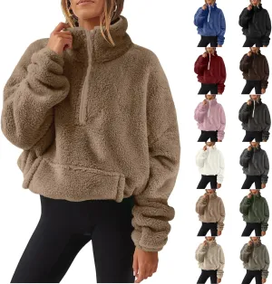 1/4 Zip Sherpa Pullover Womens Fuzzy Fleece Half Zip Pullover Oversized Zip Up Hoodie Quarter Zip Cropped Sweatshirt