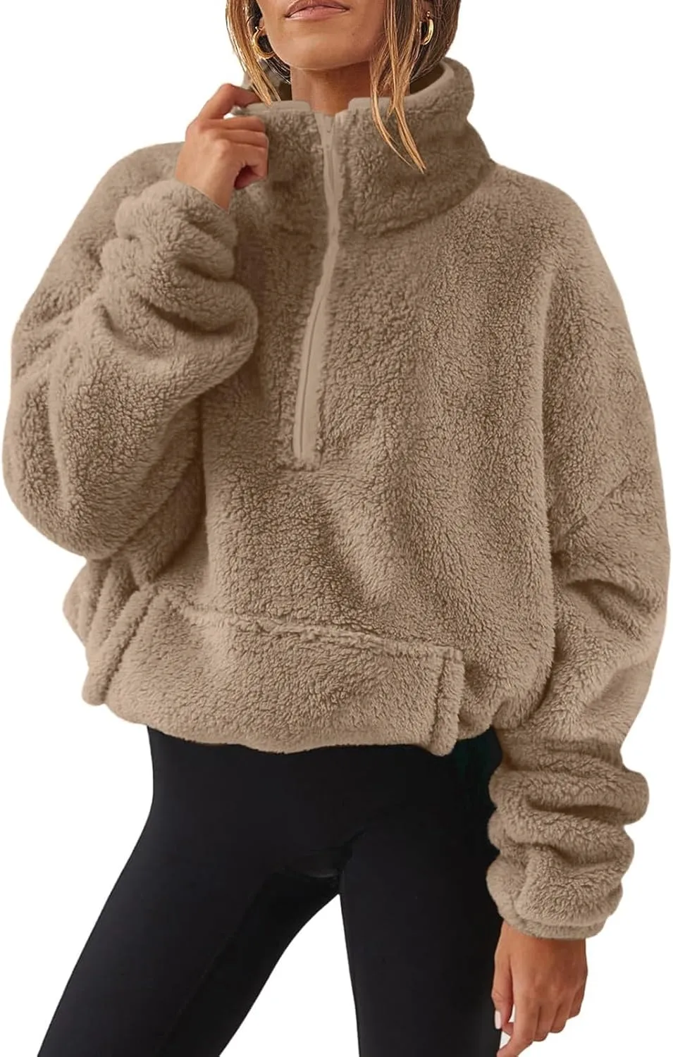 1/4 Zip Sherpa Pullover Womens Fuzzy Fleece Half Zip Pullover Oversized Zip Up Hoodie Quarter Zip Cropped Sweatshirt