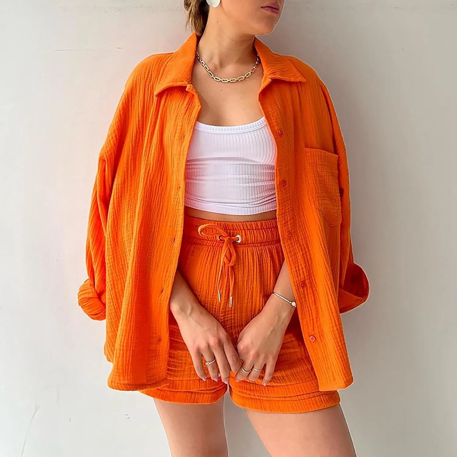 2 Piece Linen Sets for Women Casual Long Sleeve Button Down Shirt Sets Summer Outfits Loose Shorts Set