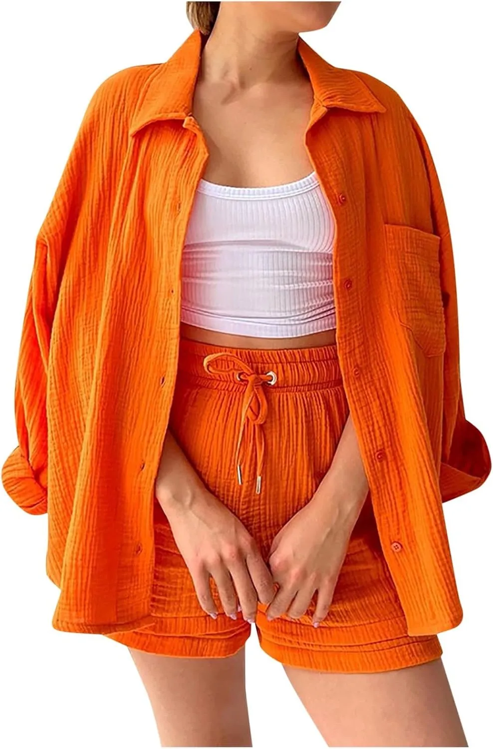 2 Piece Linen Sets for Women Casual Long Sleeve Button Down Shirt Sets Summer Outfits Loose Shorts Set