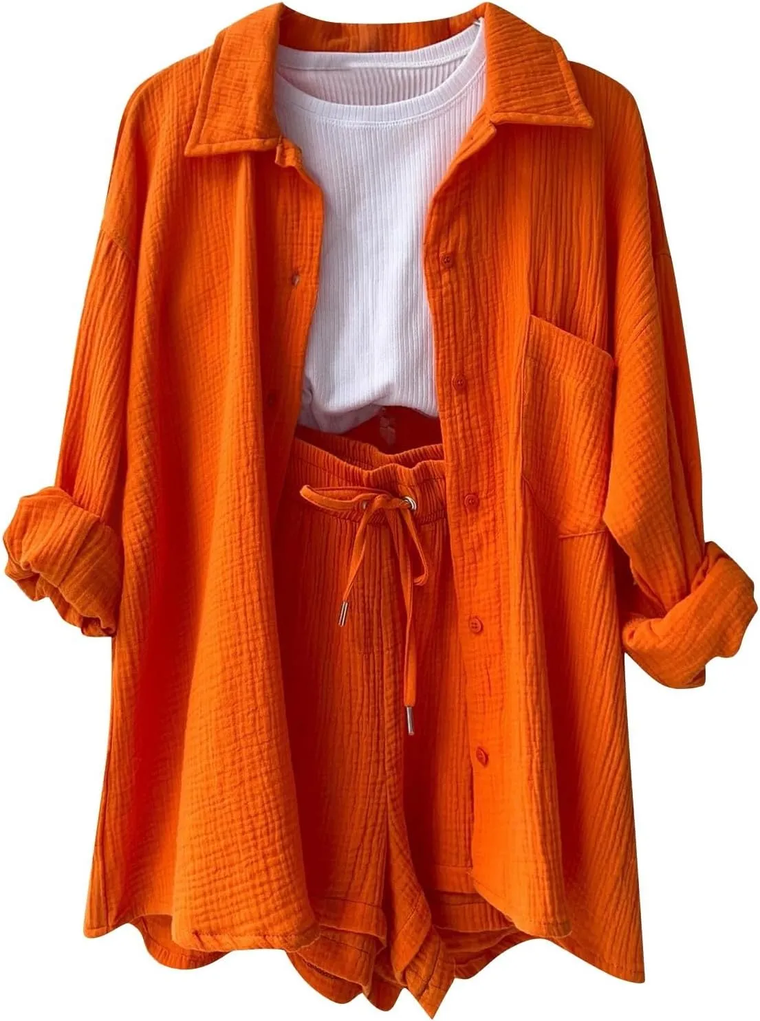 2 Piece Linen Sets for Women Casual Long Sleeve Button Down Shirt Sets Summer Outfits Loose Shorts Set