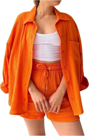 2 Piece Linen Sets for Women Casual Long Sleeve Button Down Shirt Sets Summer Outfits Loose Shorts Set
