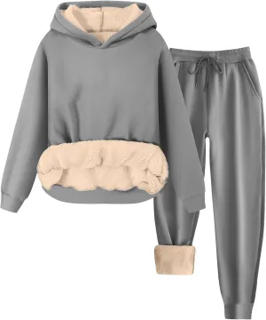 2 Piece Sets for Women Sweatsuits Winter Lonuge Set Fleece Lined Tracksuit Fuzzy Hoodie Sweatpant Lonugewear Outfits