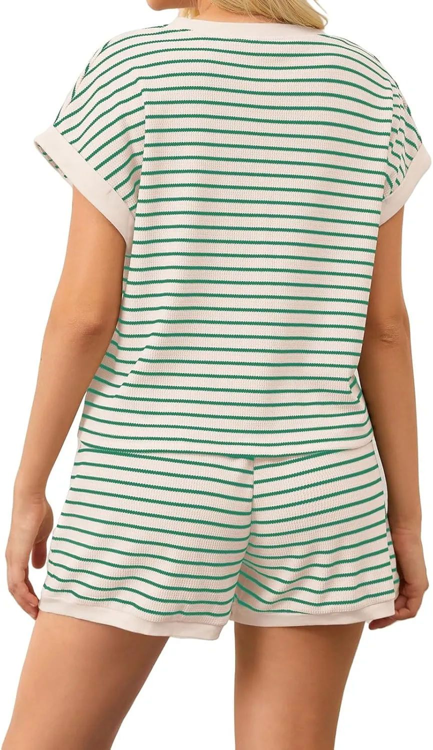 2 Piece Short Sets for Women Summer Casual Striped Short Sleeve Tshirts Lounge Shorts Outfits Loungewear Set