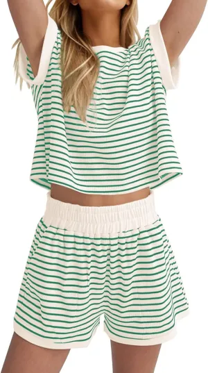 2 Piece Short Sets for Women Summer Casual Striped Short Sleeve Tshirts Lounge Shorts Outfits Loungewear Set
