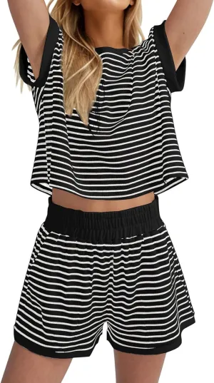 2 Piece Short Sets for Women Summer Casual Striped Short Sleeve Tshirts Lounge Shorts Outfits Loungewear Set