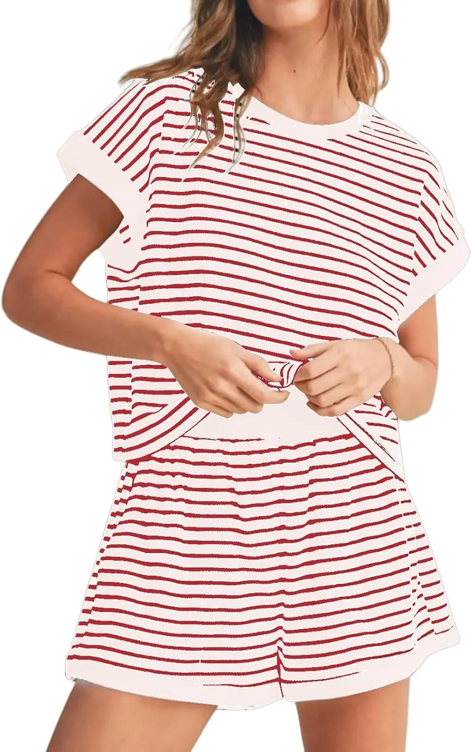 2 Piece Short Sets for Women Summer Casual Striped Short Sleeve Tshirts Lounge Shorts Outfits Loungewear Set