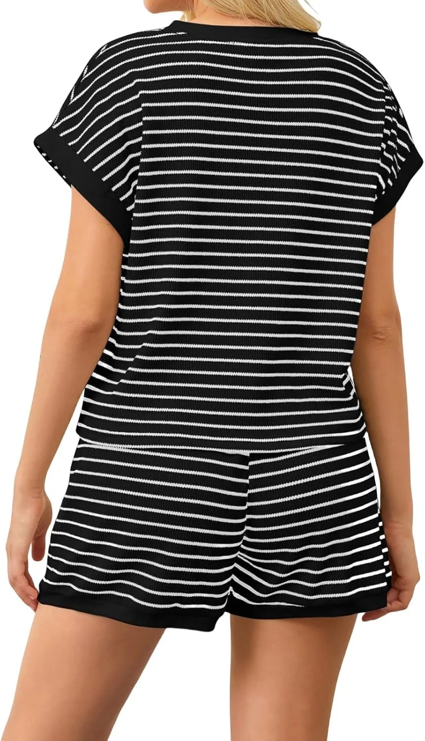2 Piece Short Sets for Women Summer Casual Striped Short Sleeve Tshirts Lounge Shorts Outfits Loungewear Set