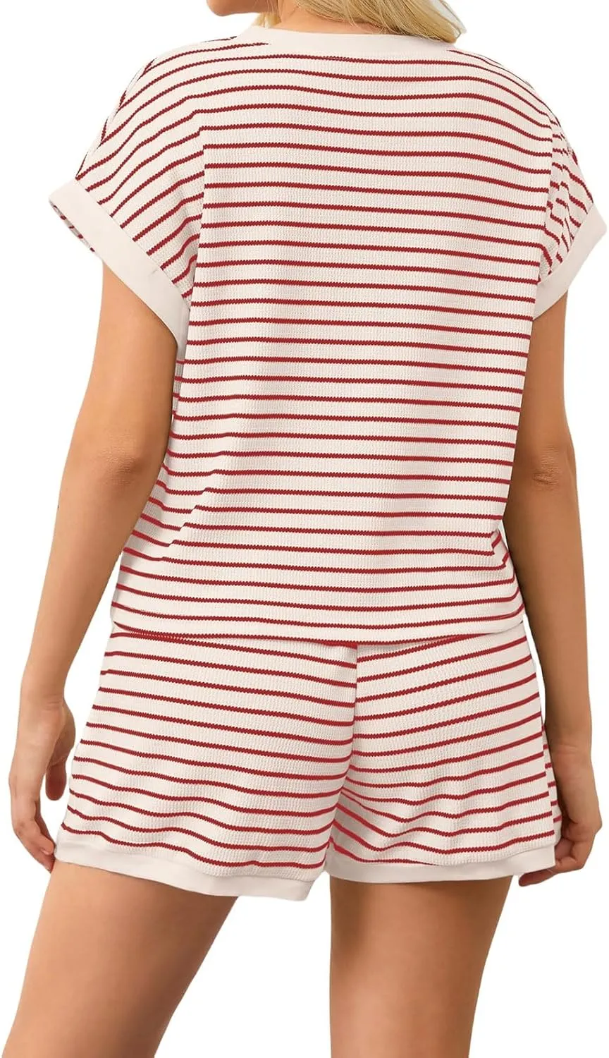 2 Piece Short Sets for Women Summer Casual Striped Short Sleeve Tshirts Lounge Shorts Outfits Loungewear Set