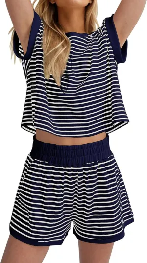 2 Piece Short Sets for Women Summer Casual Striped Short Sleeve Tshirts Lounge Shorts Outfits Loungewear Set