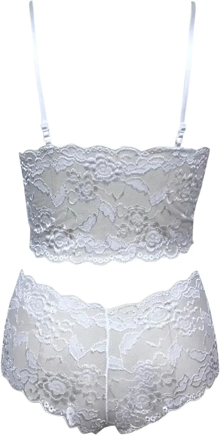 2 Pieces Women Sexy Sheer Floral Lace Bralette and Panty Set Lingerie Teddy Nightgown Outfits High Waist Sleepwear