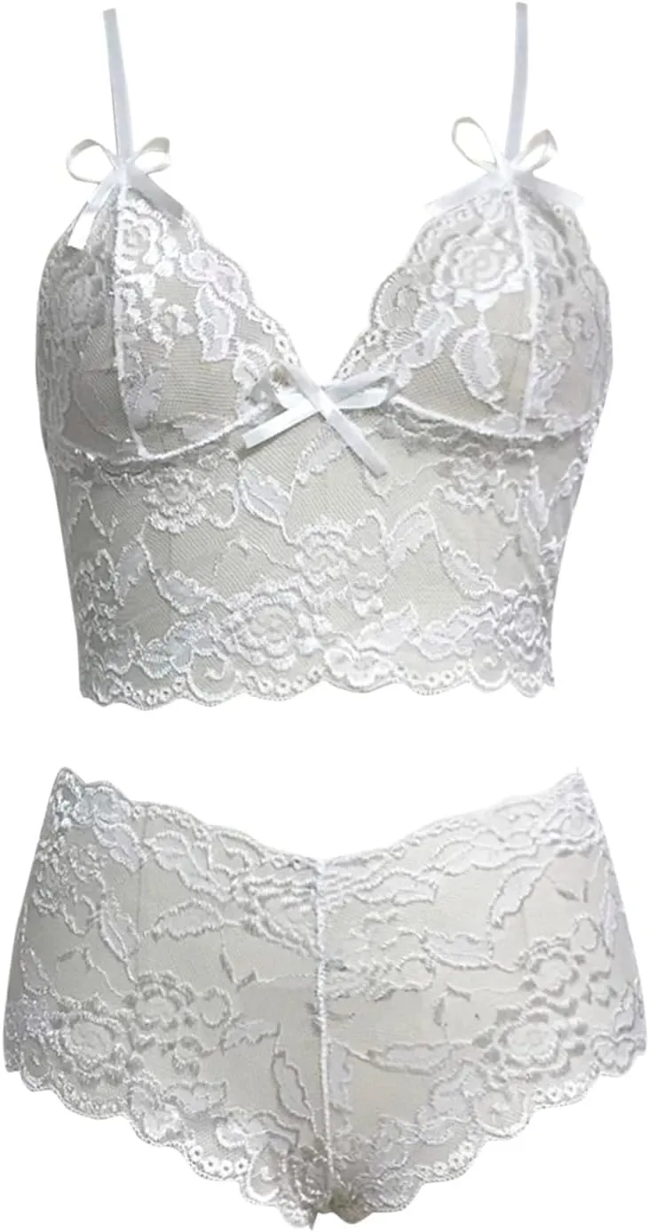 2 Pieces Women Sexy Sheer Floral Lace Bralette and Panty Set Lingerie Teddy Nightgown Outfits High Waist Sleepwear