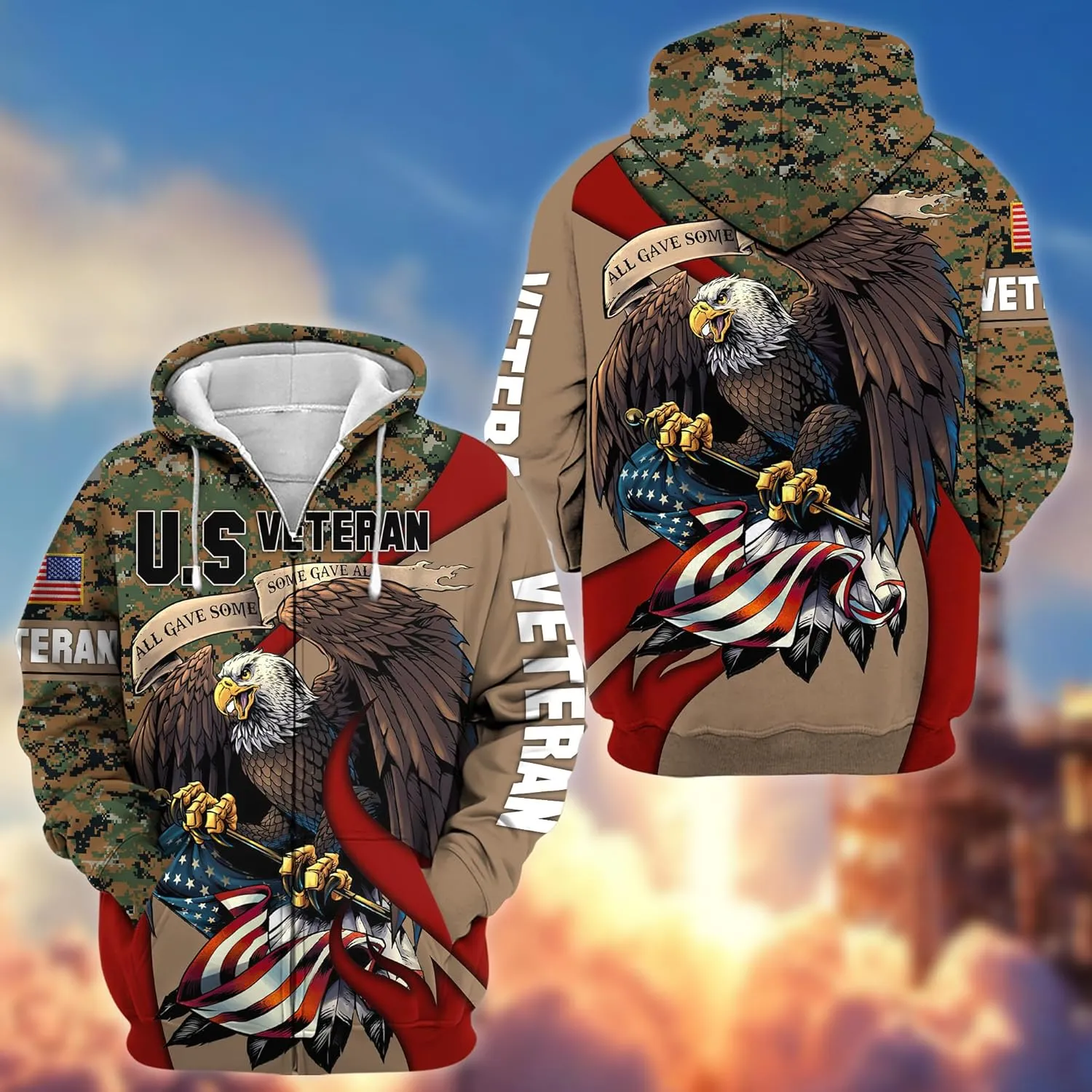 3D All Gave Some Veteran Zip Hood, Zip Pullover with Pocket, Zip Hoodie For Men Military, Veterans Day Gifts Ideas