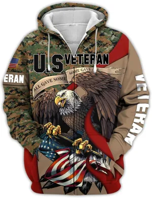 3D All Gave Some Veteran Zip Hood, Zip Pullover with Pocket, Zip Hoodie For Men Military, Veterans Day Gifts Ideas
