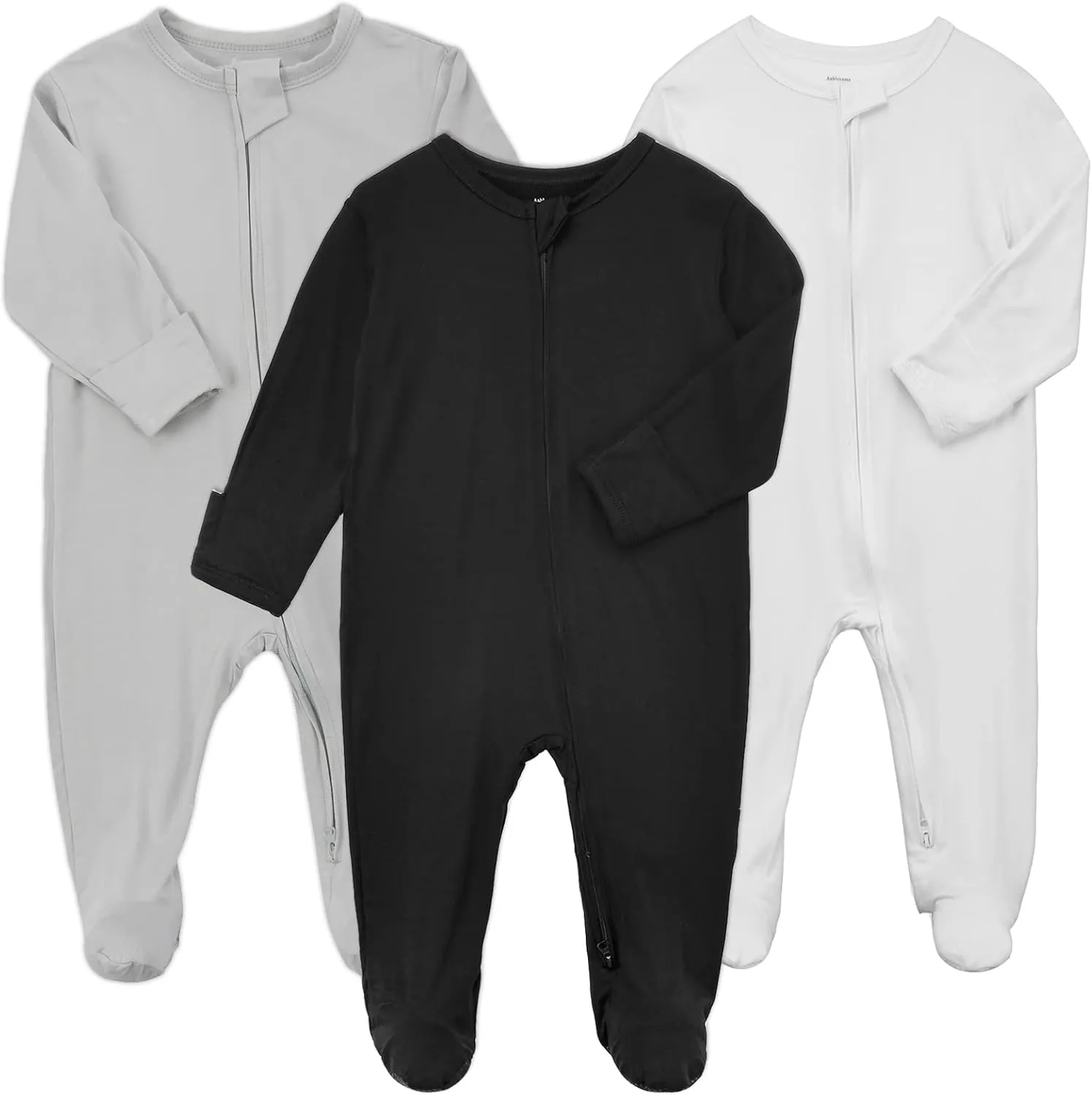 Aablexema Baby Zipper Pajamas Bamboo Rayon, 3pcs Unisex Infant Onesie with Mitten Long Sleeve Footed Pjs