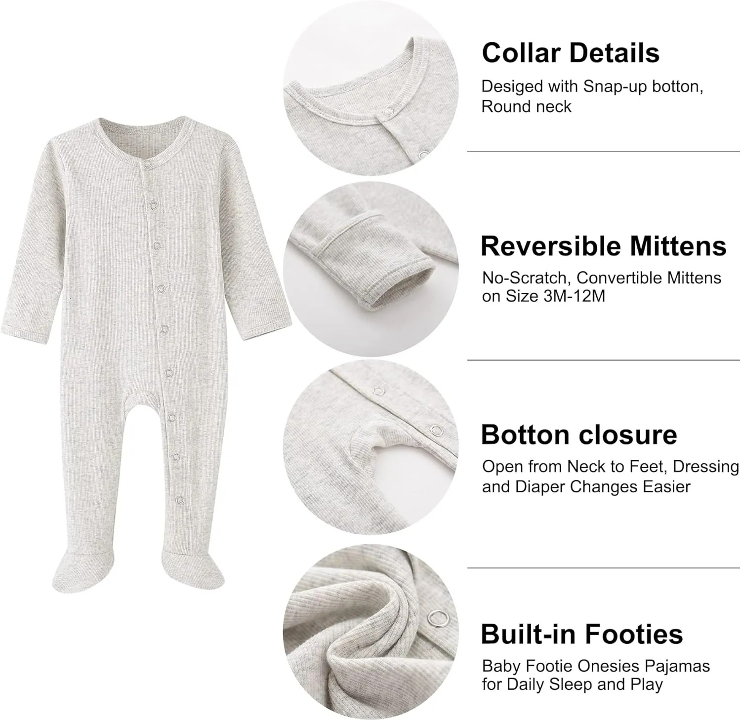 ACESTAR Newborn Baby Footed Pajamas with Mitten Cuffs - Cotton Snap-Up Baby Sleepers for Sleep and Play Footies 0-12 Months