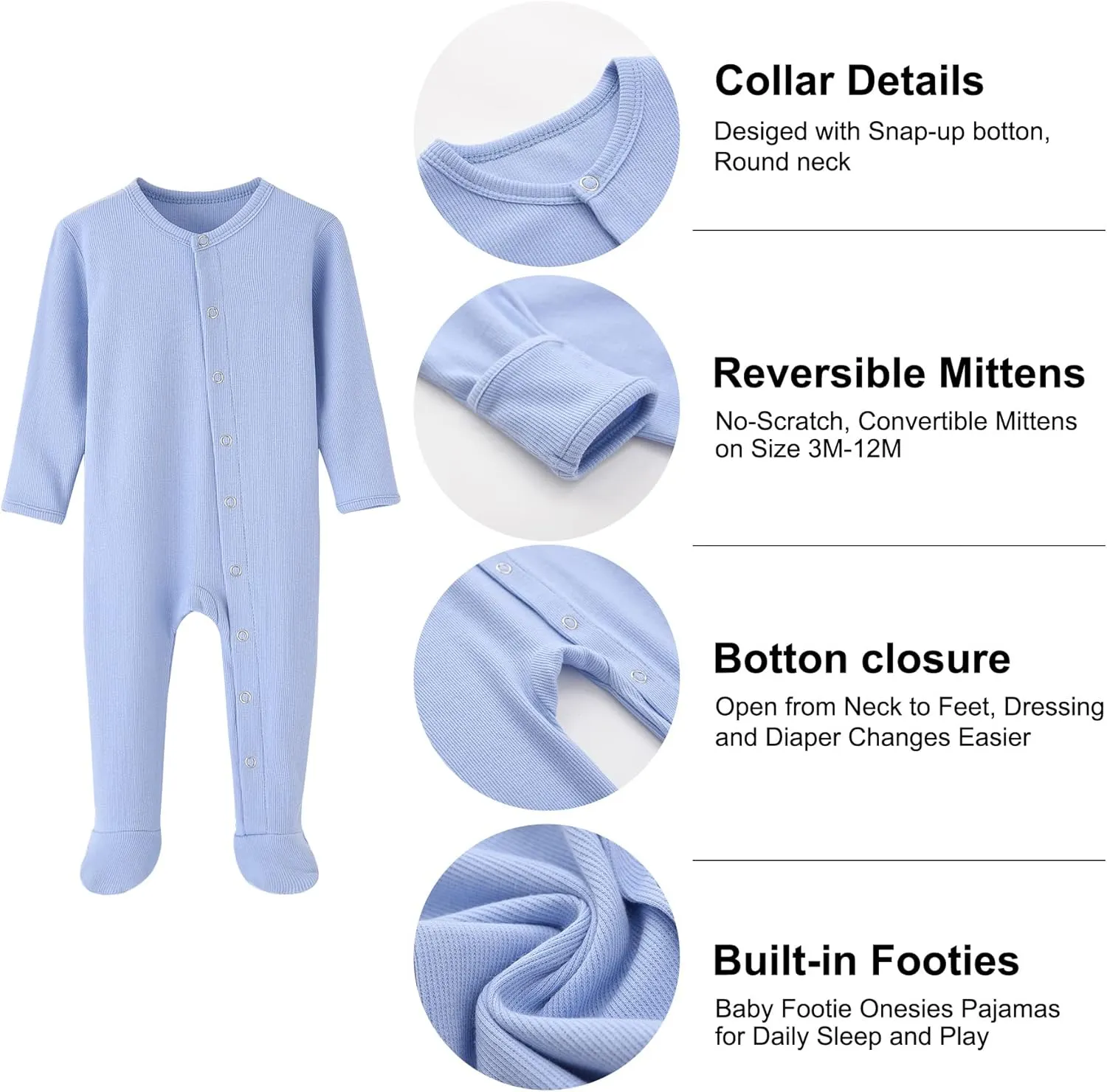 ACESTAR Newborn Baby Footed Pajamas with Mitten Cuffs - Cotton Snap-Up Baby Sleepers for Sleep and Play Footies 0-12 Months