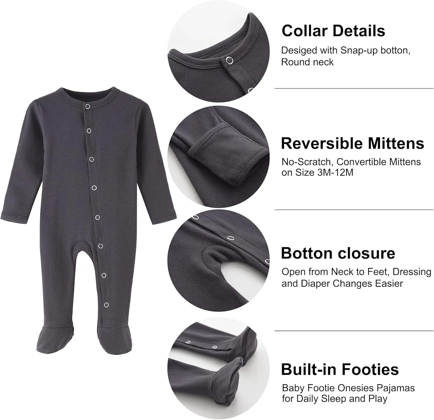 ACESTAR Newborn Baby Footed Pajamas with Mitten Cuffs - Cotton Snap-Up Baby Sleepers for Sleep and Play Footies 0-12 Months