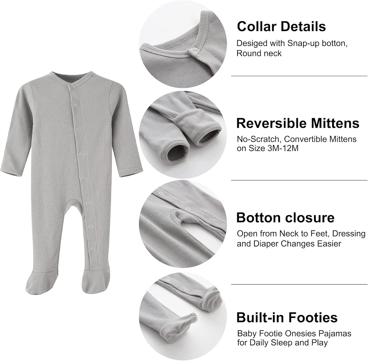 ACESTAR Newborn Baby Footed Pajamas with Mitten Cuffs - Cotton Snap-Up Baby Sleepers for Sleep and Play Footies 0-12 Months