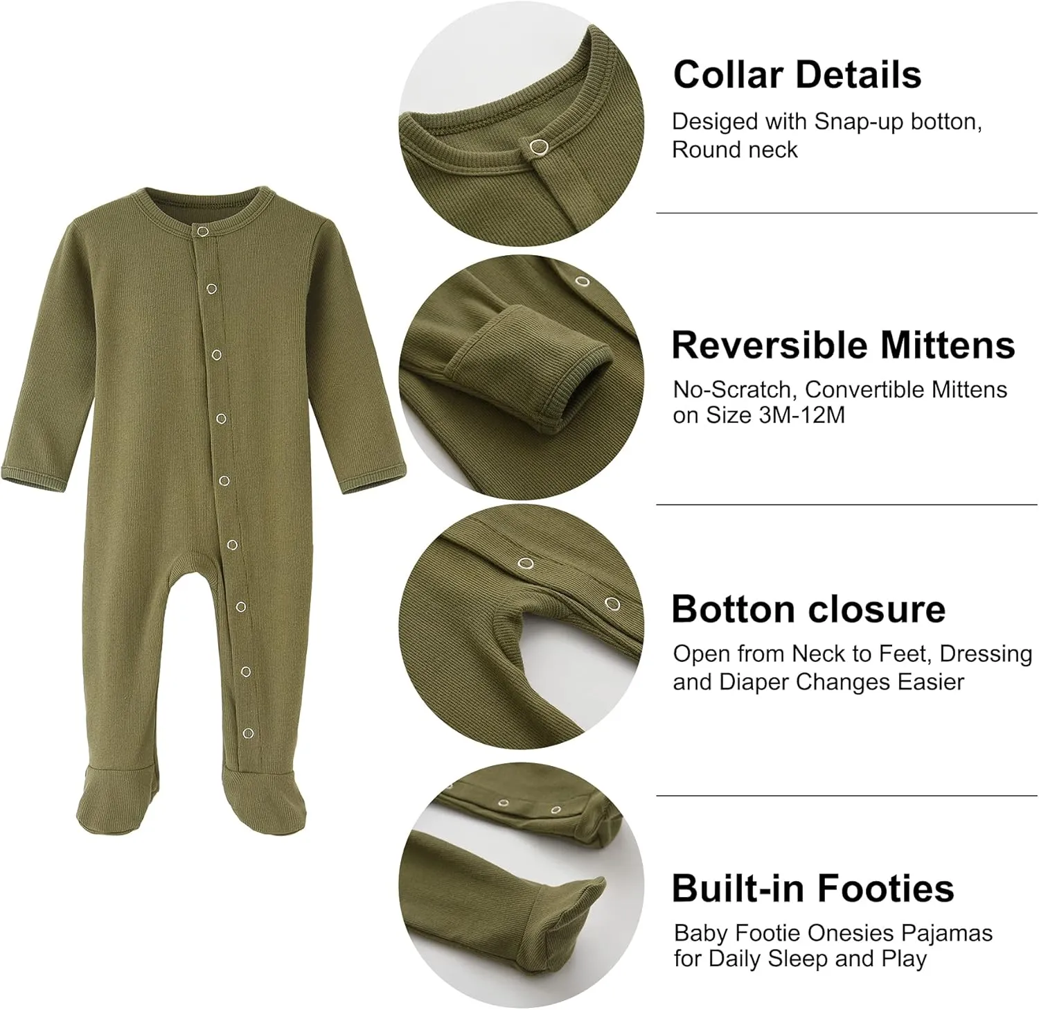 ACESTAR Newborn Baby Footed Pajamas with Mitten Cuffs - Cotton Snap-Up Baby Sleepers for Sleep and Play Footies 0-12 Months