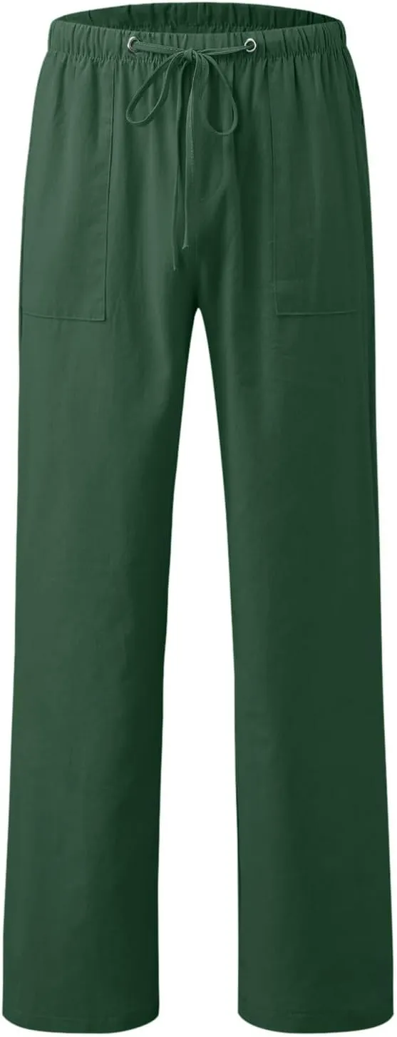 Alalaso Mens Long Pants Drawstring Stretch Trendy Cotton Linen Casual Summer Wicking Breathable Solid Color Beach Trousers