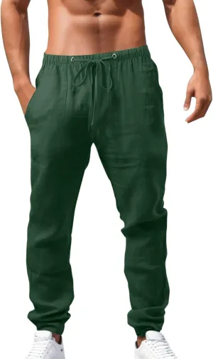Alalaso Mens Long Pants Drawstring Stretch Trendy Cotton Linen Casual Summer Wicking Breathable Solid Color Beach Trousers