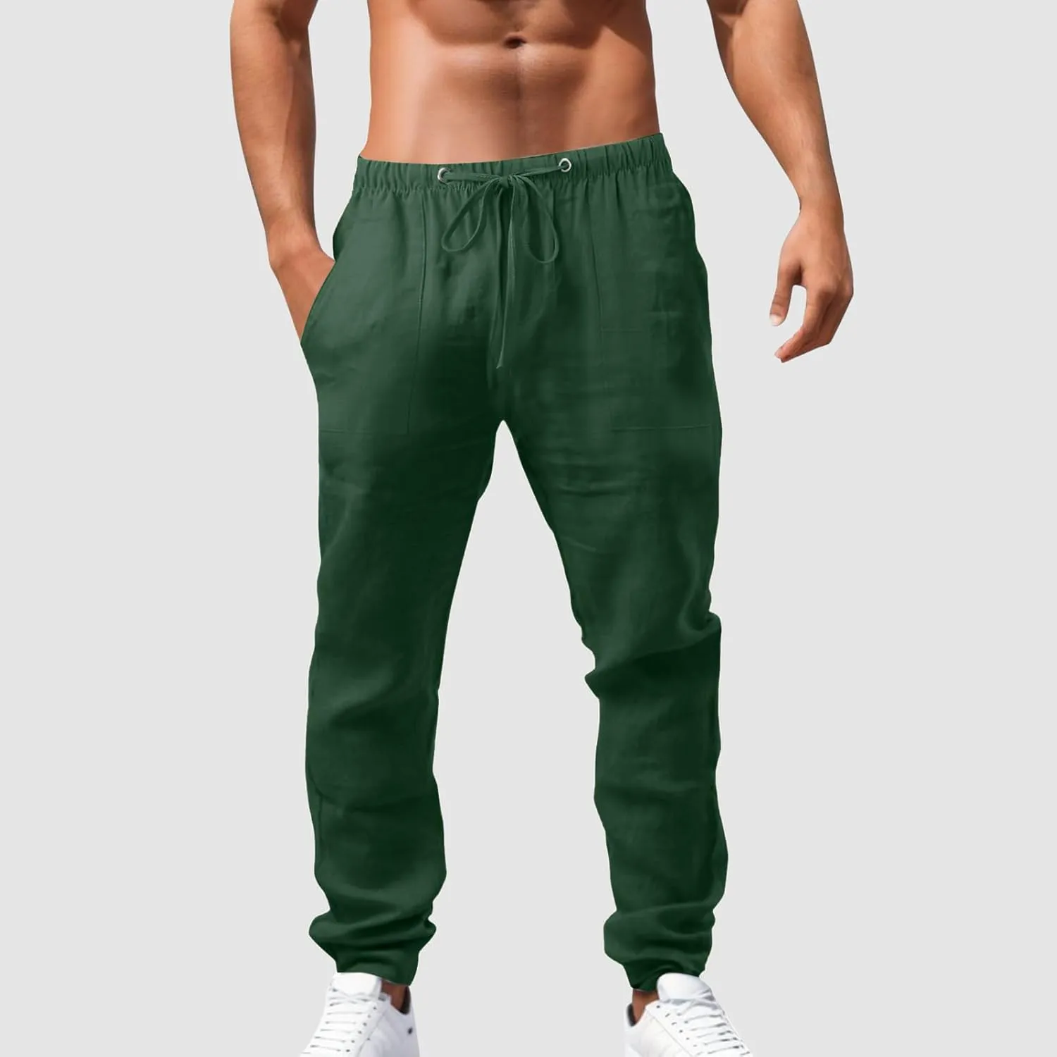 Alalaso Mens Long Pants Drawstring Stretch Trendy Cotton Linen Casual Summer Wicking Breathable Solid Color Beach Trousers