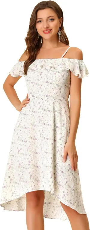 Allegra K Women's Spaghetti Strap Ruffled Sleeves Asymmetrical High Low Floral A-Line Midi Dress