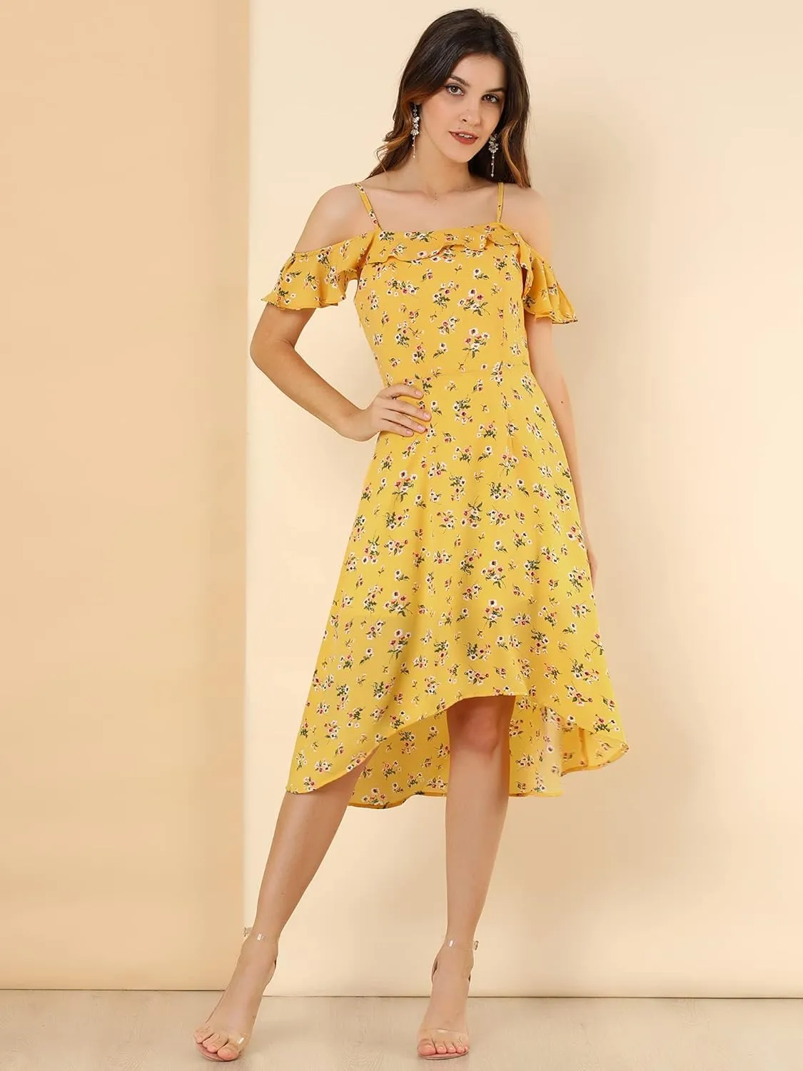 Allegra K Women's Spaghetti Strap Ruffled Sleeves Asymmetrical High Low Floral A-Line Midi Dress