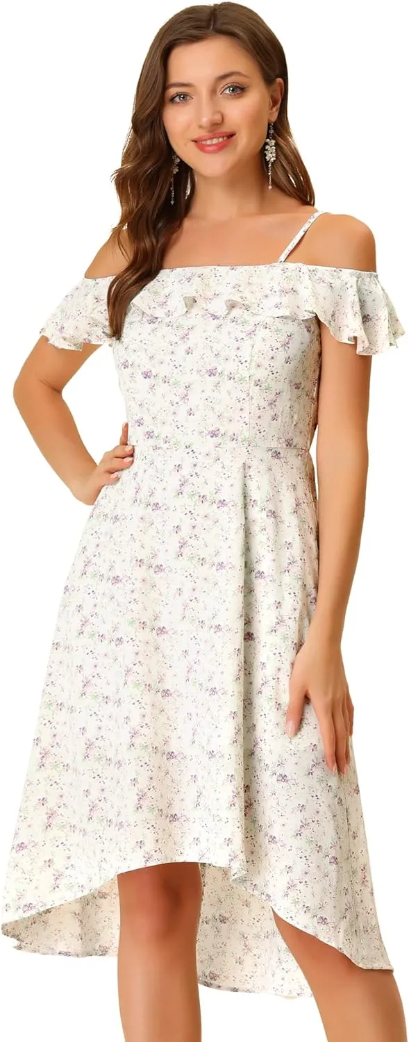Allegra K Women's Spaghetti Strap Ruffled Sleeves Asymmetrical High Low Floral A-Line Midi Dress