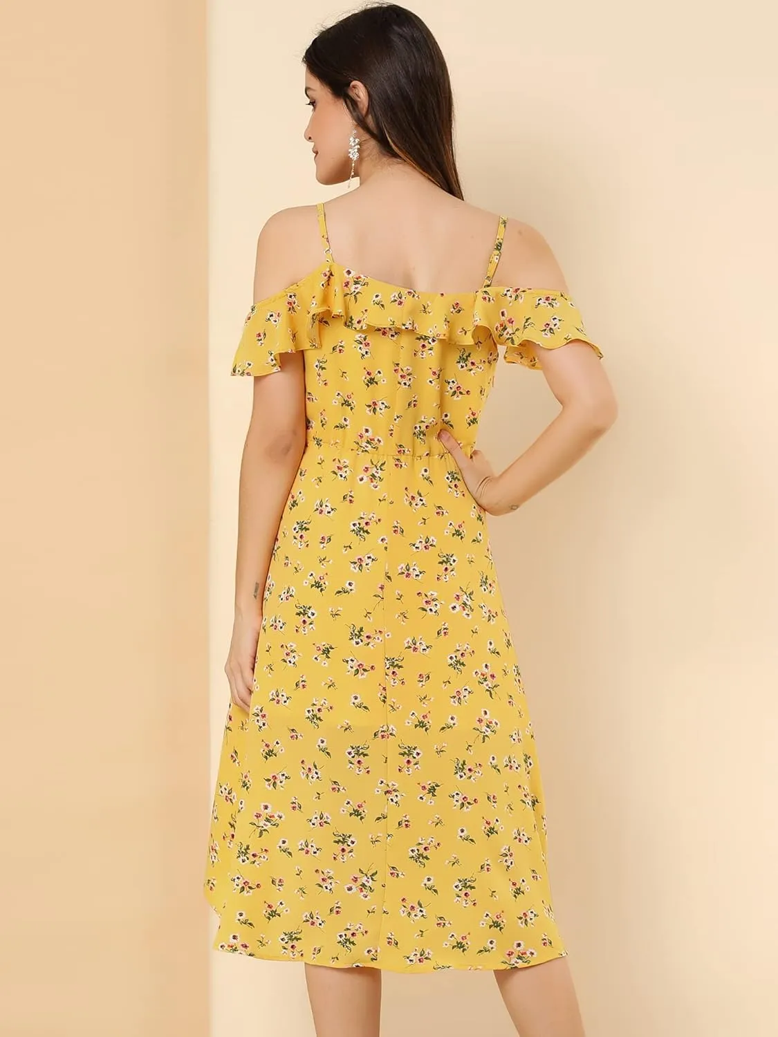 Allegra K Women's Spaghetti Strap Ruffled Sleeves Asymmetrical High Low Floral A-Line Midi Dress