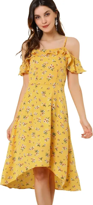 Allegra K Women's Spaghetti Strap Ruffled Sleeves Asymmetrical High Low Floral A-Line Midi Dress