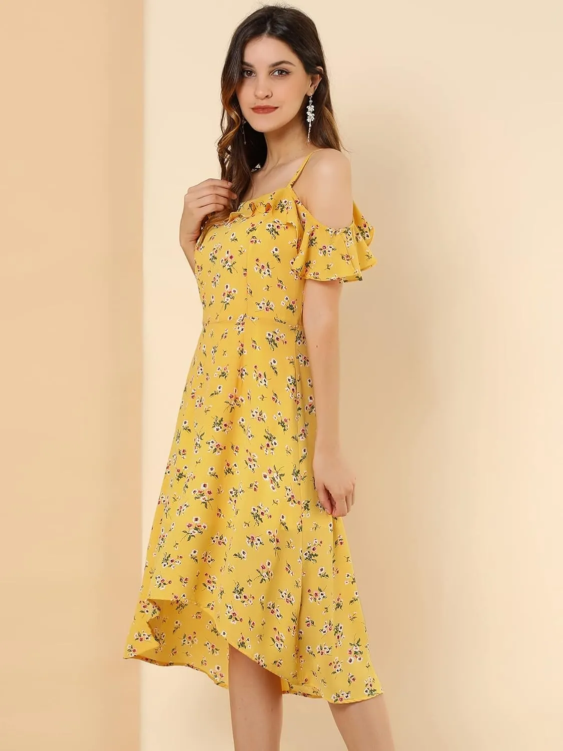 Allegra K Women's Spaghetti Strap Ruffled Sleeves Asymmetrical High Low Floral A-Line Midi Dress
