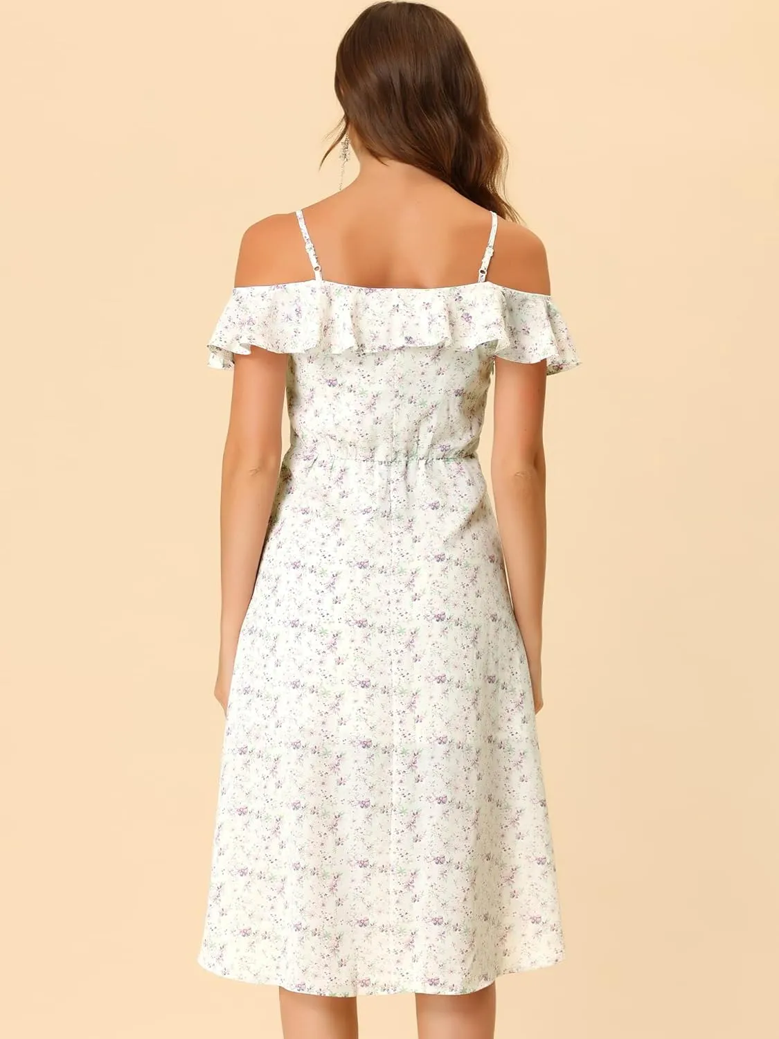 Allegra K Women's Spaghetti Strap Ruffled Sleeves Asymmetrical High Low Floral A-Line Midi Dress
