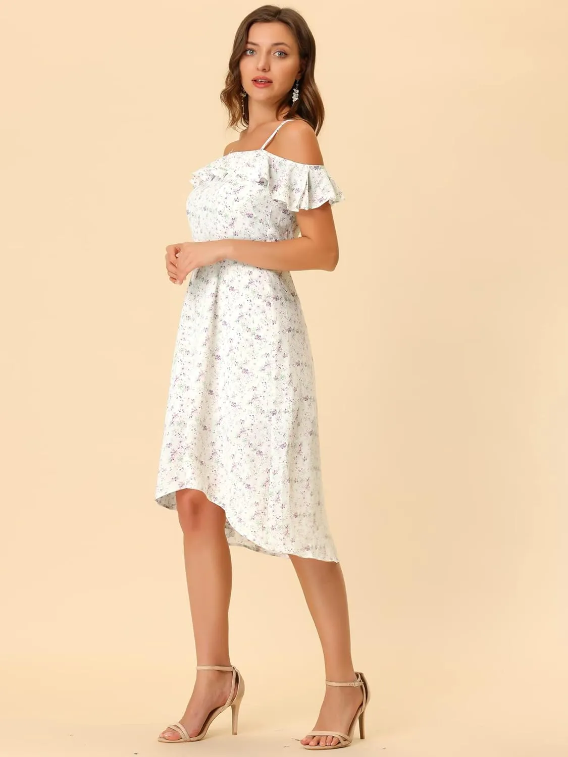 Allegra K Women's Spaghetti Strap Ruffled Sleeves Asymmetrical High Low Floral A-Line Midi Dress