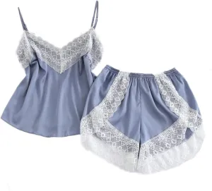 Andongnywell Women's Lace Trim Bralette Shorts Pajama Set V Neck Cami Top and Shorts Pajamas Sets 2 Piece Sleepwear