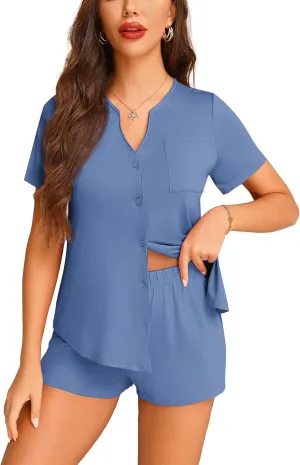 Anjue Pajamas for Women Soft Button Up Pajama Set Short Sleeve Shirt and Pajama Pants Lounge Sets S-XXL