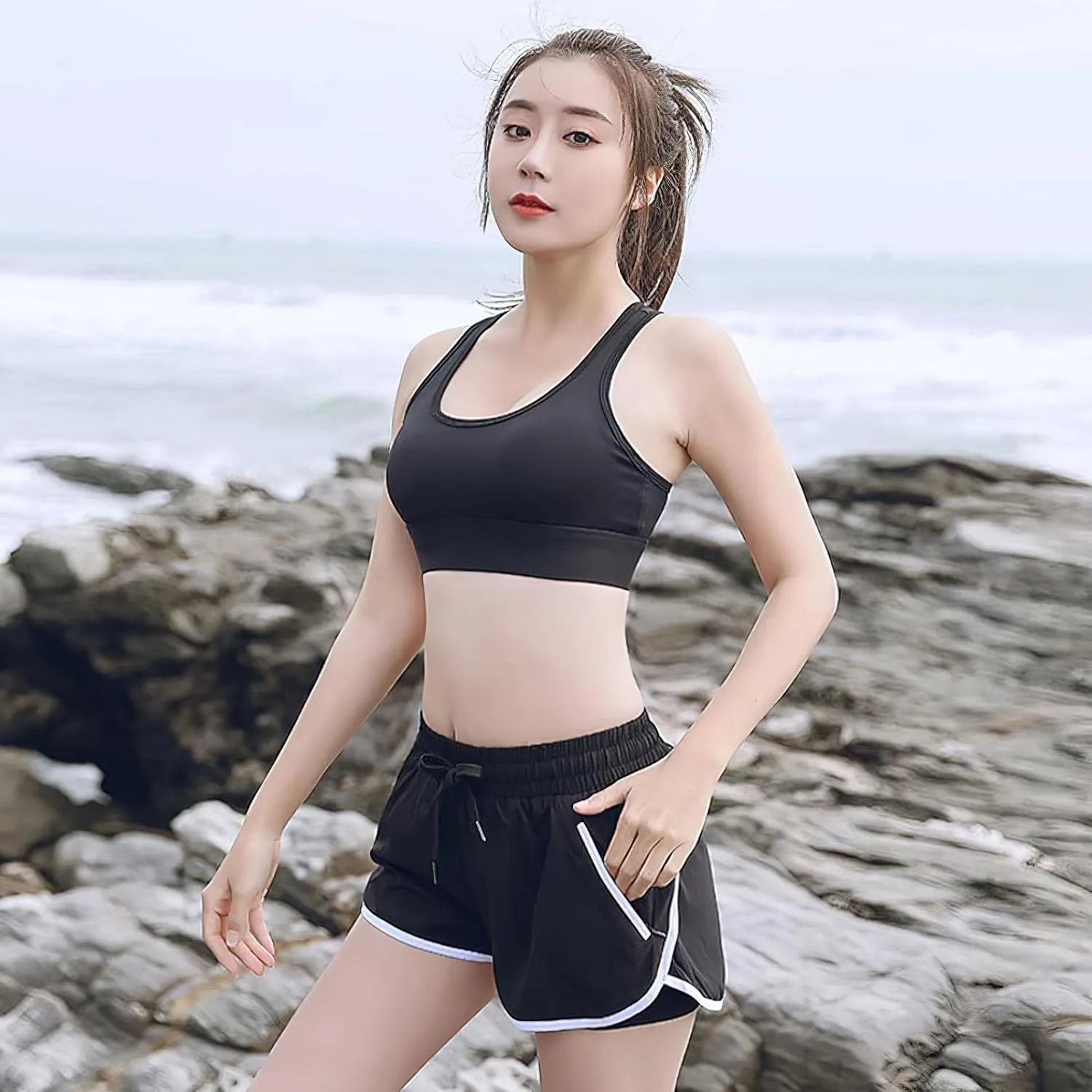 ANUFER Womens 2 in 1 Sports Running Shorts High Waist Quick Dry Gym Yoga Activewear Shorts with Zip Pockets