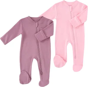Baby 2 Way Zipper Girls Boys 100% Cotton Footed Sleep and Play with Mitten Cuffs 0-12 Months