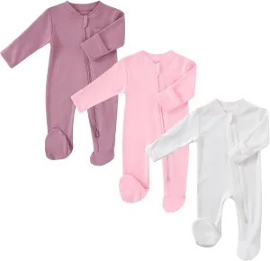 Baby 2 Way Zipper Girls Boys 100% Cotton Footed Sleep and Play with Mitten Cuffs 0-12 Months