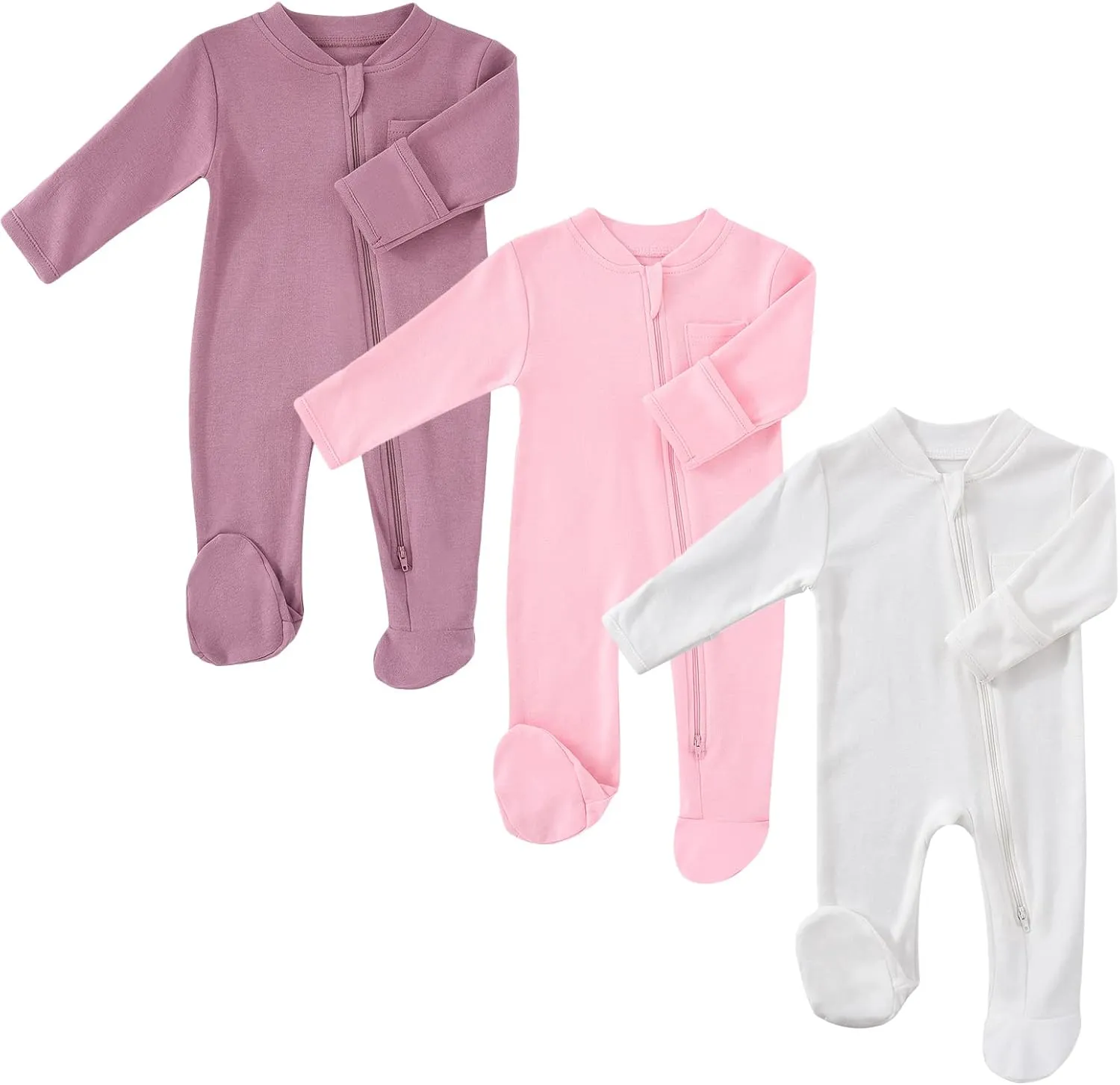 Baby 2 Way Zipper Girls Boys 100% Cotton Footed Sleep and Play with Mitten Cuffs 0-12 Months