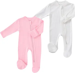 Baby 2 Way Zipper Girls Boys 100% Cotton Footed Sleep and Play with Mitten Cuffs 0-12 Months