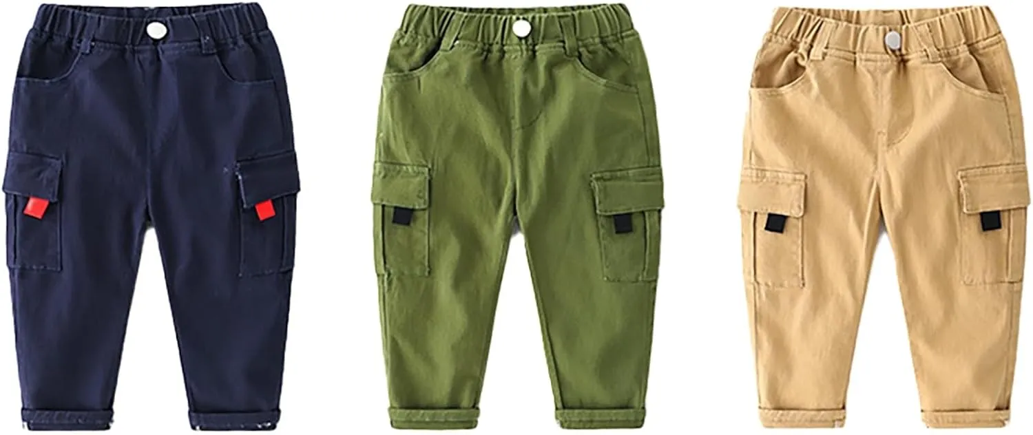 Baby and Toddler Pull On Cargo Jogger Pants Boys Sweatpants Elastic Waist Casual Jogging Trousers Bottom for Kids
