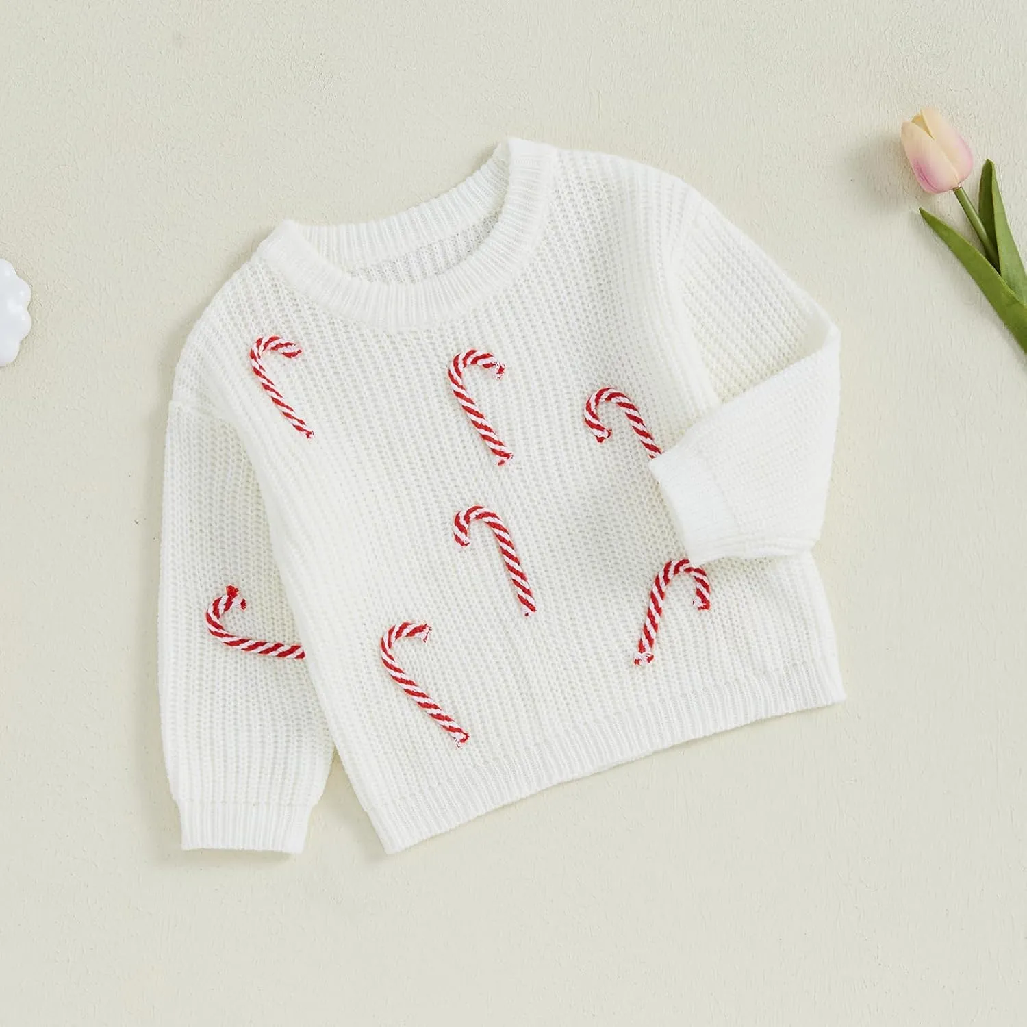 Baby Boy Girl Christmas Knit Sweater Candy Cane Embroidery Crewneck Sweatshirt Infant Fall Pullover Tops