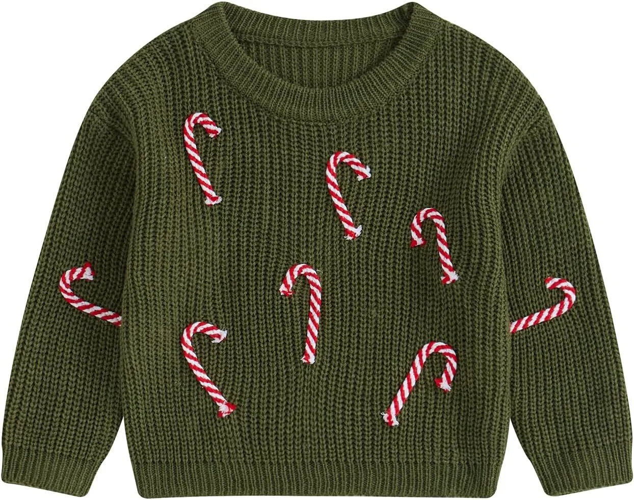 Baby Boy Girl Christmas Knit Sweater Candy Cane Embroidery Crewneck Sweatshirt Infant Fall Pullover Tops