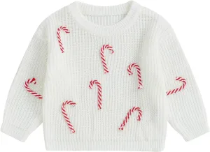 Baby Boy Girl Christmas Knit Sweater Candy Cane Embroidery Crewneck Sweatshirt Infant Fall Pullover Tops