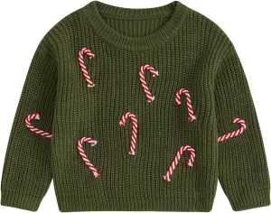 Baby Boy Girl Christmas Knit Sweater Candy Cane Embroidery Crewneck Sweatshirt Infant Fall Pullover Tops
